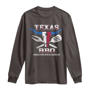 Texas BBQ Lover Long Sleeve Shirt Where Every Bite Is Legendary Texan Flag TS09 Dark Chocolate Print Your Wear