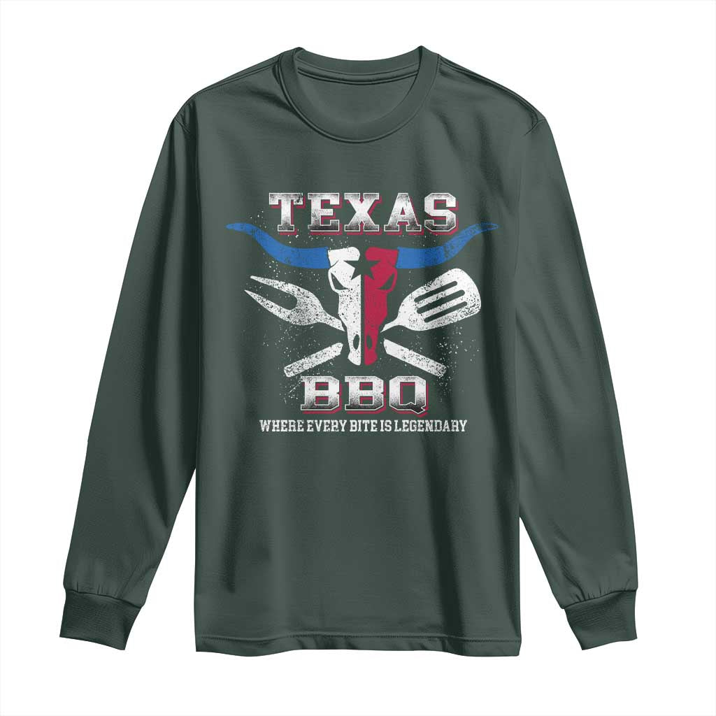 Texas BBQ Lover Long Sleeve Shirt Where Every Bite Is Legendary Texan Flag TS09 Dark Forest Green Print Your Wear