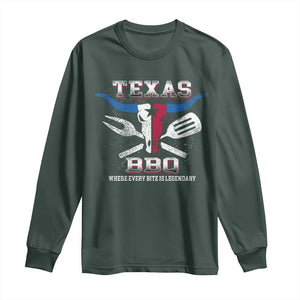 Texas BBQ Lover Long Sleeve Shirt Where Every Bite Is Legendary Texan Flag TS09 Dark Forest Green Print Your Wear