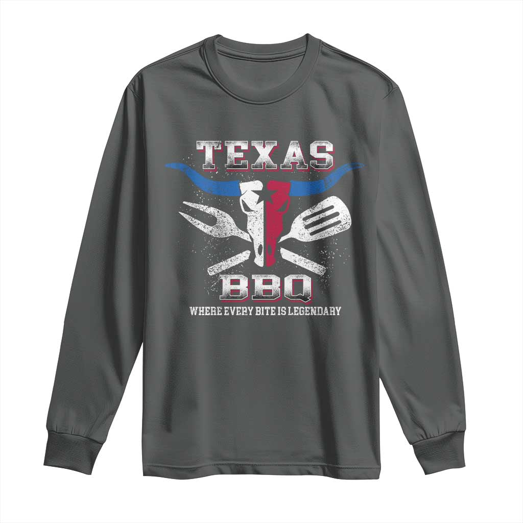 Texas BBQ Lover Long Sleeve Shirt Where Every Bite Is Legendary Texan Flag TS09 Dark Heather Print Your Wear