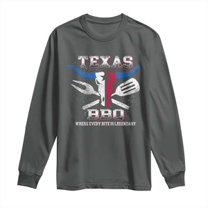 Texas BBQ Lover Long Sleeve Shirt Where Every Bite Is Legendary Texan Flag TS09 Dark Heather Print Your Wear