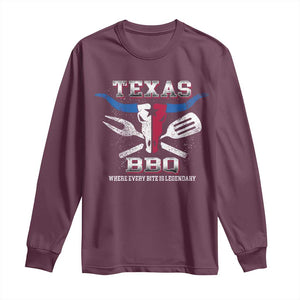 Texas BBQ Lover Long Sleeve Shirt Where Every Bite Is Legendary Texan Flag TS09 Maroon Print Your Wear