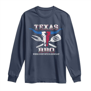 Texas BBQ Lover Long Sleeve Shirt Where Every Bite Is Legendary Texan Flag TS09 Navy Print Your Wear
