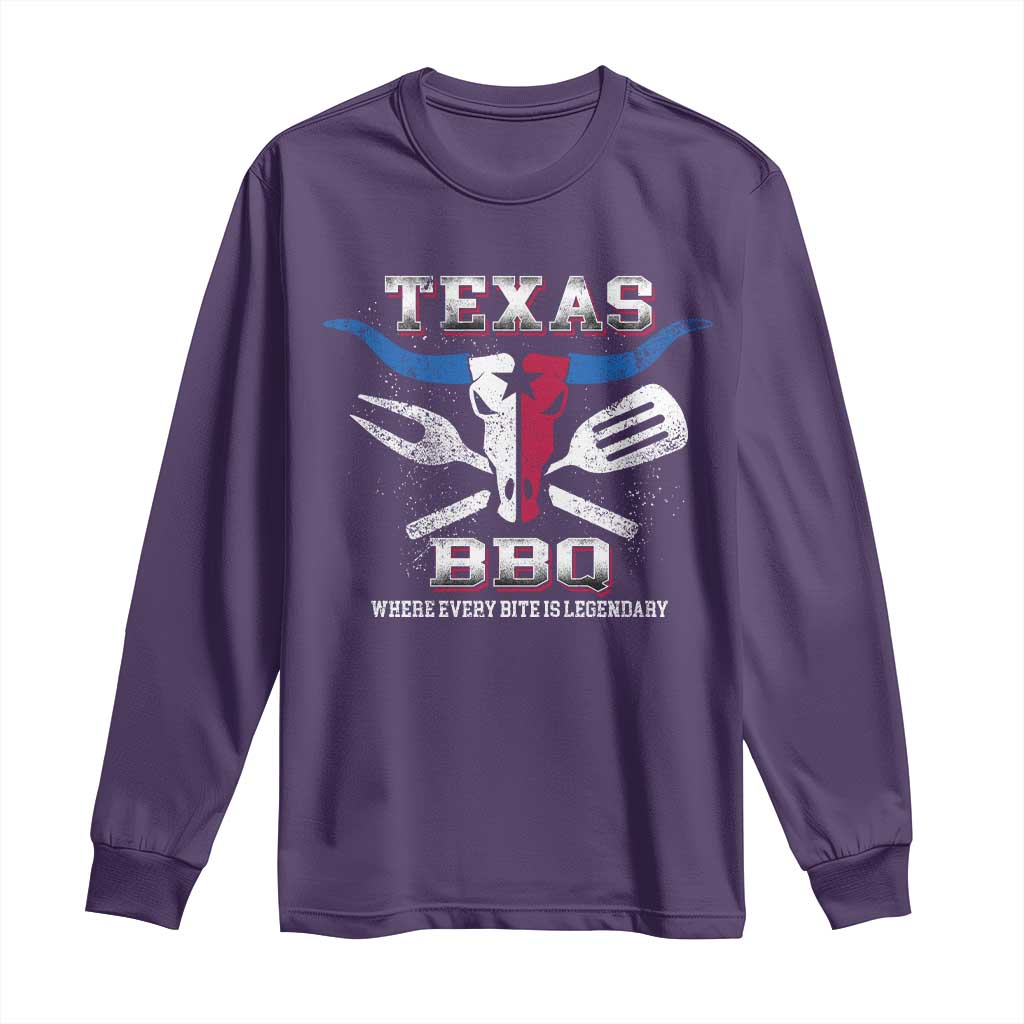 Texas BBQ Lover Long Sleeve Shirt Where Every Bite Is Legendary Texan Flag TS09 Purple Print Your Wear