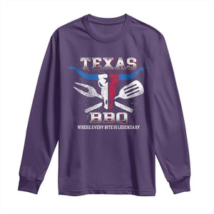 Texas BBQ Lover Long Sleeve Shirt Where Every Bite Is Legendary Texan Flag TS09 Purple Print Your Wear