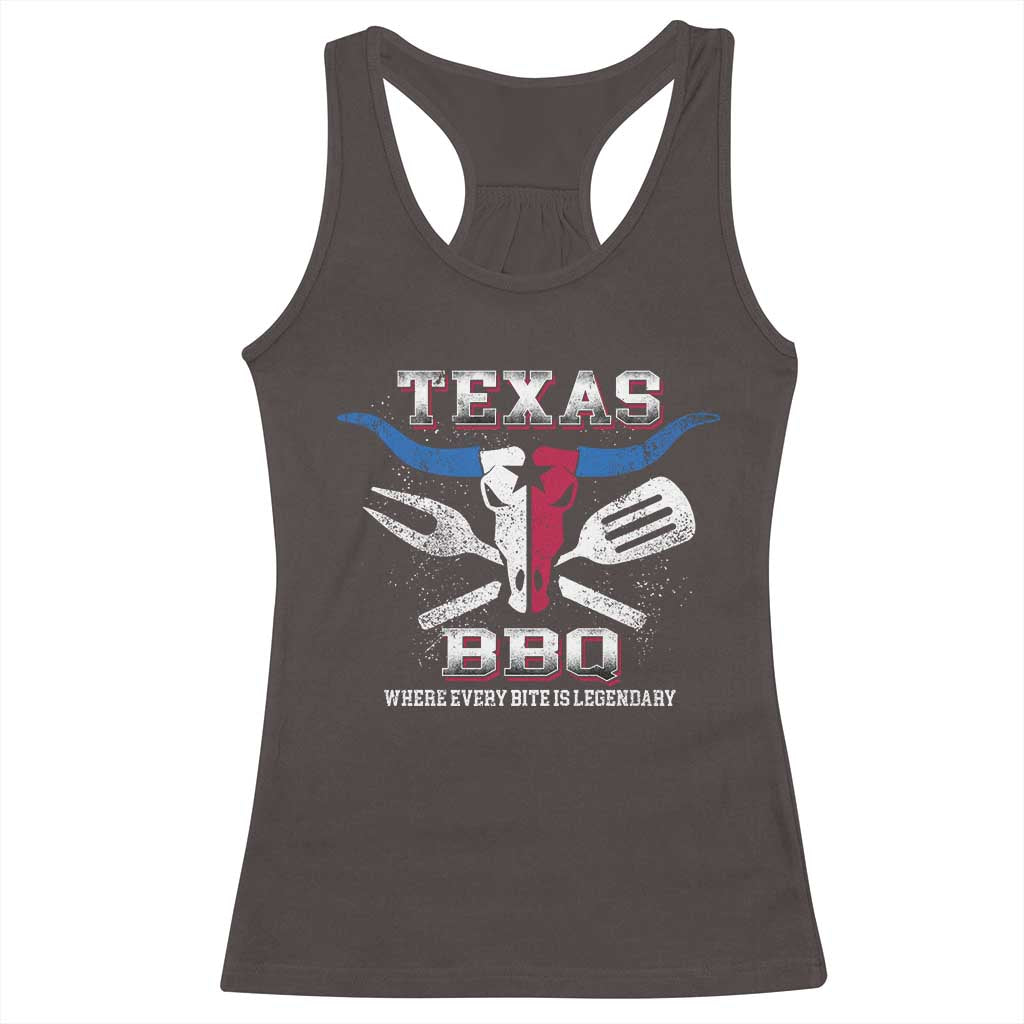 Texas BBQ Lover Racerback Tank Top Where Every Bite Is Legendary Texan Flag TS09 Dark Chocolate Print Your Wear