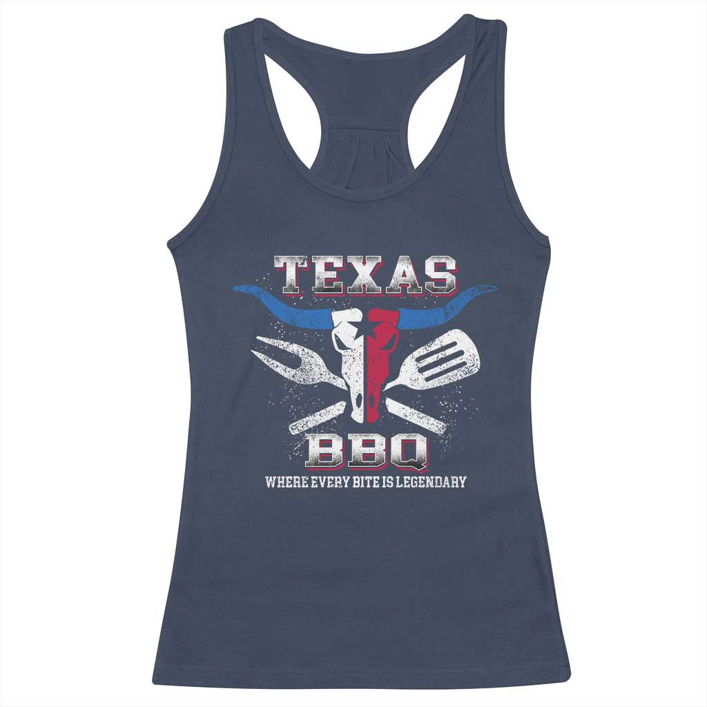 Texas BBQ Lover Racerback Tank Top Where Every Bite Is Legendary Texan Flag TS09 Navy Print Your Wear