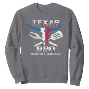 Texas BBQ Lover Sweatshirt Where Every Bite Is Legendary Texan Flag TS09 Charcoal Print Your Wear