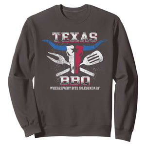 Texas BBQ Lover Sweatshirt Where Every Bite Is Legendary Texan Flag TS09 Dark Chocolate Print Your Wear