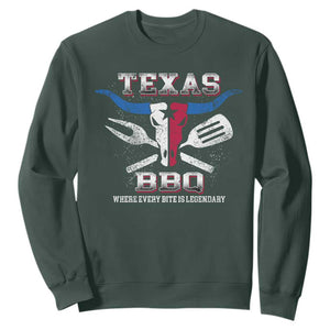 Texas BBQ Lover Sweatshirt Where Every Bite Is Legendary Texan Flag TS09 Dark Forest Green Print Your Wear