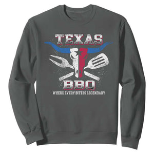 Texas BBQ Lover Sweatshirt Where Every Bite Is Legendary Texan Flag TS09 Dark Heather Print Your Wear
