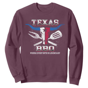 Texas BBQ Lover Sweatshirt Where Every Bite Is Legendary Texan Flag TS09 Maroon Print Your Wear