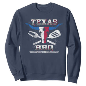 Texas BBQ Lover Sweatshirt Where Every Bite Is Legendary Texan Flag TS09 Navy Print Your Wear
