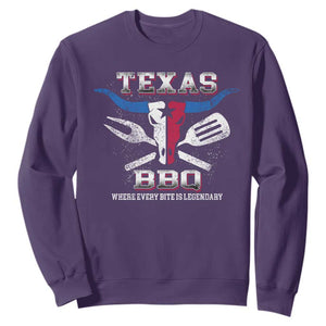 Texas BBQ Lover Sweatshirt Where Every Bite Is Legendary Texan Flag TS09 Purple Print Your Wear