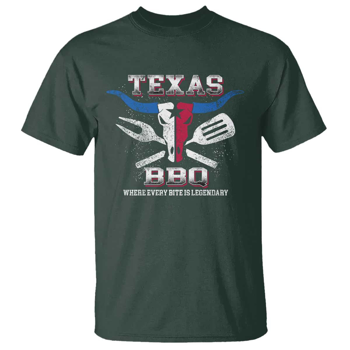 Texas BBQ Lover T Shirt Where Every Bite Is Legendary Texan Flag TS09 Dark Forest Green Print Your Wear