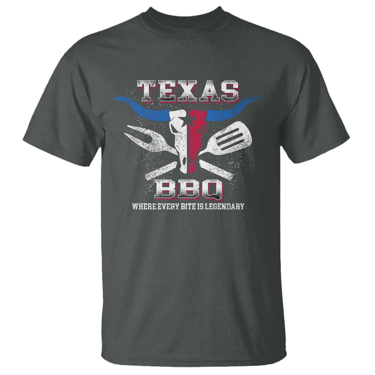 Texas BBQ Lover T Shirt Where Every Bite Is Legendary Texan Flag TS09 Dark Heather Print Your Wear