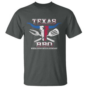 Texas BBQ Lover T Shirt Where Every Bite Is Legendary Texan Flag TS09 Dark Heather Print Your Wear