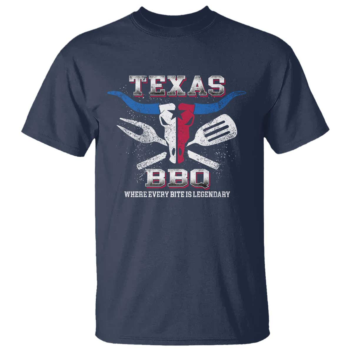 Texas BBQ Lover T Shirt Where Every Bite Is Legendary Texan Flag TS09 Navy Print Your Wear