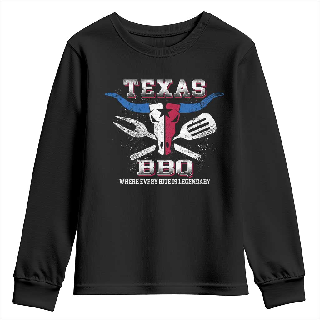 Texas BBQ Lover Youth Sweatshirt Where Every Bite Is Legendary Texan Flag TS09 Black Print Your Wear