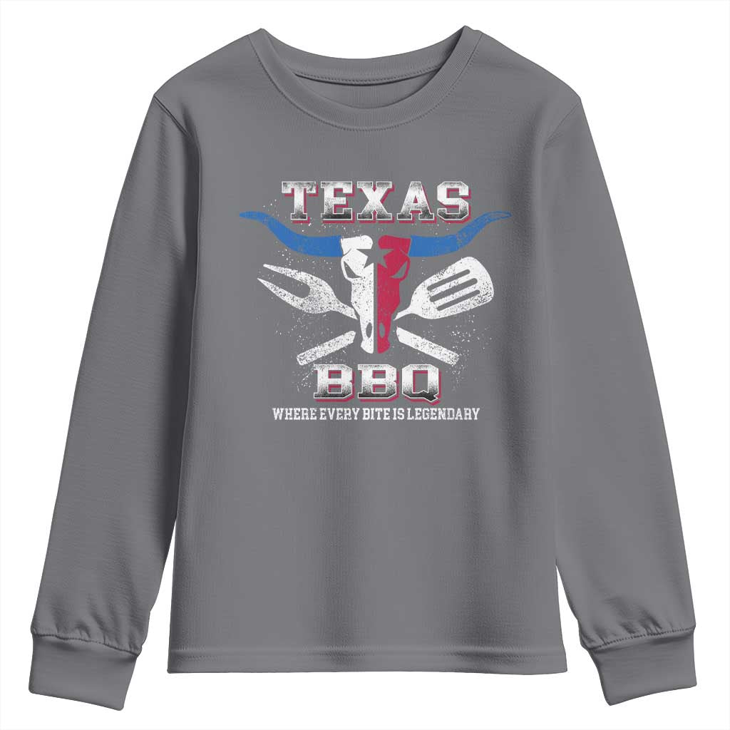 Texas BBQ Lover Youth Sweatshirt Where Every Bite Is Legendary Texan Flag TS09 Charcoal Print Your Wear