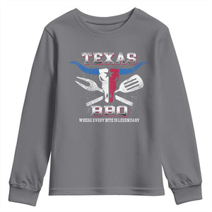 Texas BBQ Lover Youth Sweatshirt Where Every Bite Is Legendary Texan Flag TS09 Charcoal Print Your Wear