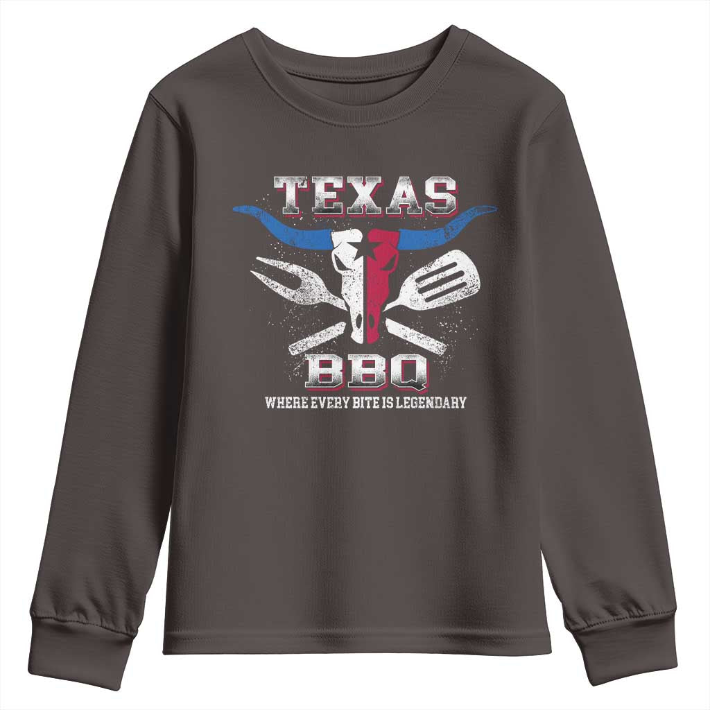 Texas BBQ Lover Youth Sweatshirt Where Every Bite Is Legendary Texan Flag TS09 Dark Chocolate Print Your Wear