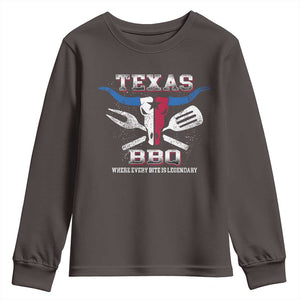 Texas BBQ Lover Youth Sweatshirt Where Every Bite Is Legendary Texan Flag TS09 Dark Chocolate Print Your Wear