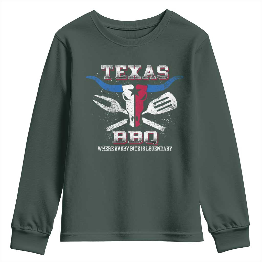 Texas BBQ Lover Youth Sweatshirt Where Every Bite Is Legendary Texan Flag TS09 Dark Forest Green Print Your Wear