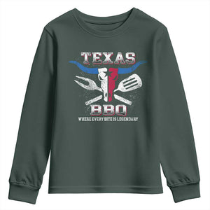 Texas BBQ Lover Youth Sweatshirt Where Every Bite Is Legendary Texan Flag TS09 Dark Forest Green Print Your Wear