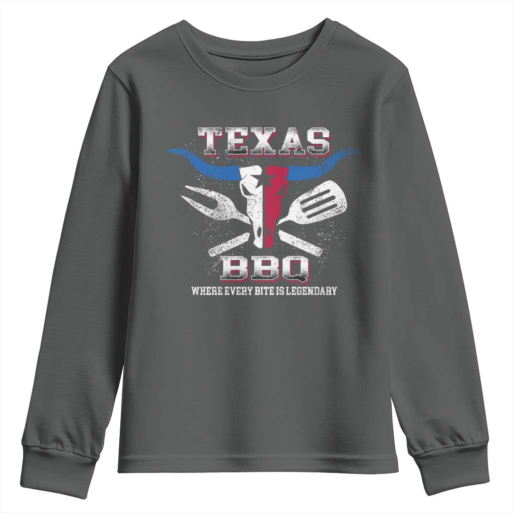 Texas BBQ Lover Youth Sweatshirt Where Every Bite Is Legendary Texan Flag TS09 Dark Heather Print Your Wear