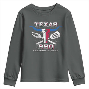 Texas BBQ Lover Youth Sweatshirt Where Every Bite Is Legendary Texan Flag TS09 Dark Heather Print Your Wear