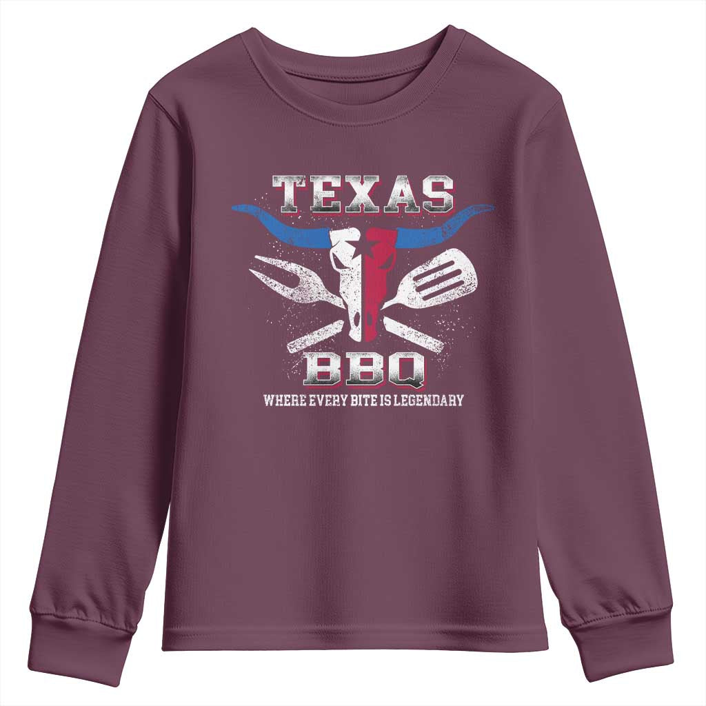 Texas BBQ Lover Youth Sweatshirt Where Every Bite Is Legendary Texan Flag TS09 Maroon Print Your Wear