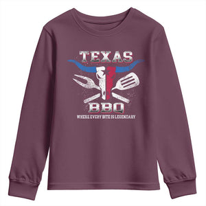 Texas BBQ Lover Youth Sweatshirt Where Every Bite Is Legendary Texan Flag TS09 Maroon Print Your Wear