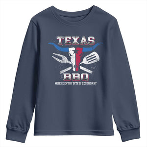 Texas BBQ Lover Youth Sweatshirt Where Every Bite Is Legendary Texan Flag TS09 Navy Print Your Wear
