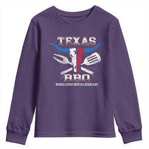 Texas BBQ Lover Youth Sweatshirt Where Every Bite Is Legendary Texan Flag TS09 Purple Print Your Wear