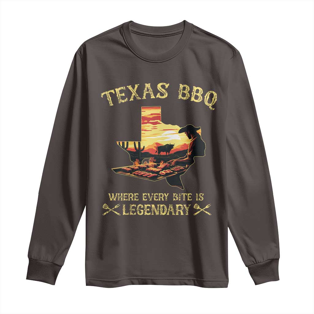 Texas BBQ Lover Long Sleeve Shirt Where Every Bite Is Legendary Cowboy Grilling Pitmaster TS09 Dark Chocolate Print Your Wear