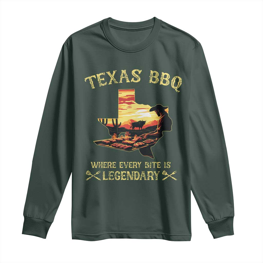Texas BBQ Lover Long Sleeve Shirt Where Every Bite Is Legendary Cowboy Grilling Pitmaster TS09 Dark Forest Green Print Your Wear