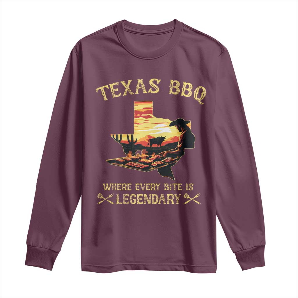 Texas BBQ Lover Long Sleeve Shirt Where Every Bite Is Legendary Cowboy Grilling Pitmaster TS09 Maroon Print Your Wear