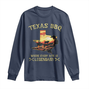 Texas BBQ Lover Long Sleeve Shirt Where Every Bite Is Legendary Cowboy Grilling Pitmaster TS09 Navy Print Your Wear