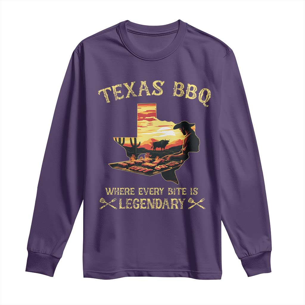 Texas BBQ Lover Long Sleeve Shirt Where Every Bite Is Legendary Cowboy Grilling Pitmaster TS09 Purple Print Your Wear