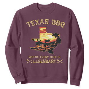 Texas BBQ Lover Sweatshirt Where Every Bite Is Legendary Cowboy Grilling Pitmaster TS09 Maroon Print Your Wear