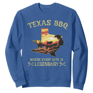 Texas BBQ Lover Sweatshirt Where Every Bite Is Legendary Cowboy Grilling Pitmaster TS09 Royal Blue Print Your Wear