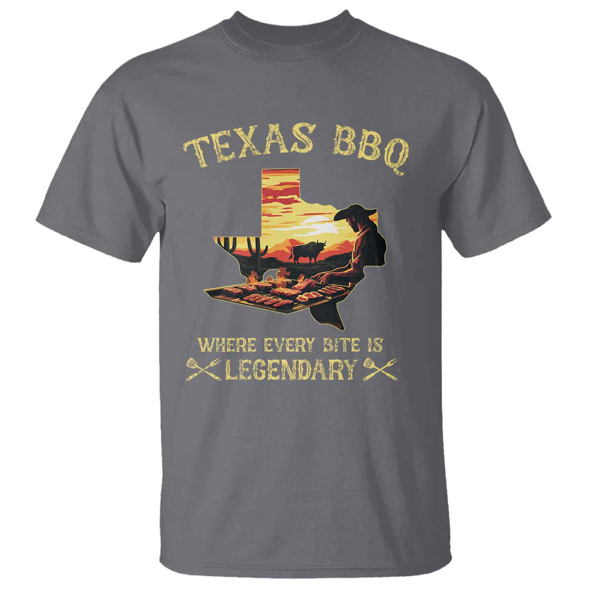 Texas BBQ Lover T Shirt Where Every Bite Is Legendary Cowboy Grilling Pitmaster TS09 Charcoal Print Your Wear