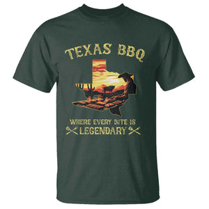 Texas BBQ Lover T Shirt Where Every Bite Is Legendary Cowboy Grilling Pitmaster TS09 Dark Forest Green Print Your Wear