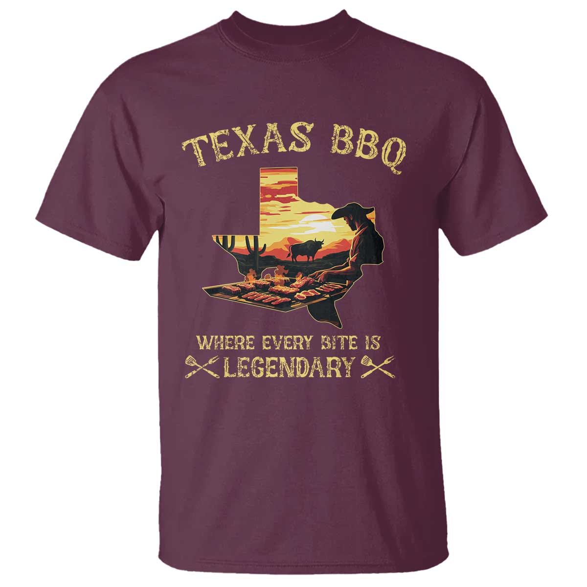 Texas BBQ Lover T Shirt Where Every Bite Is Legendary Cowboy Grilling Pitmaster TS09 Maroon Print Your Wear