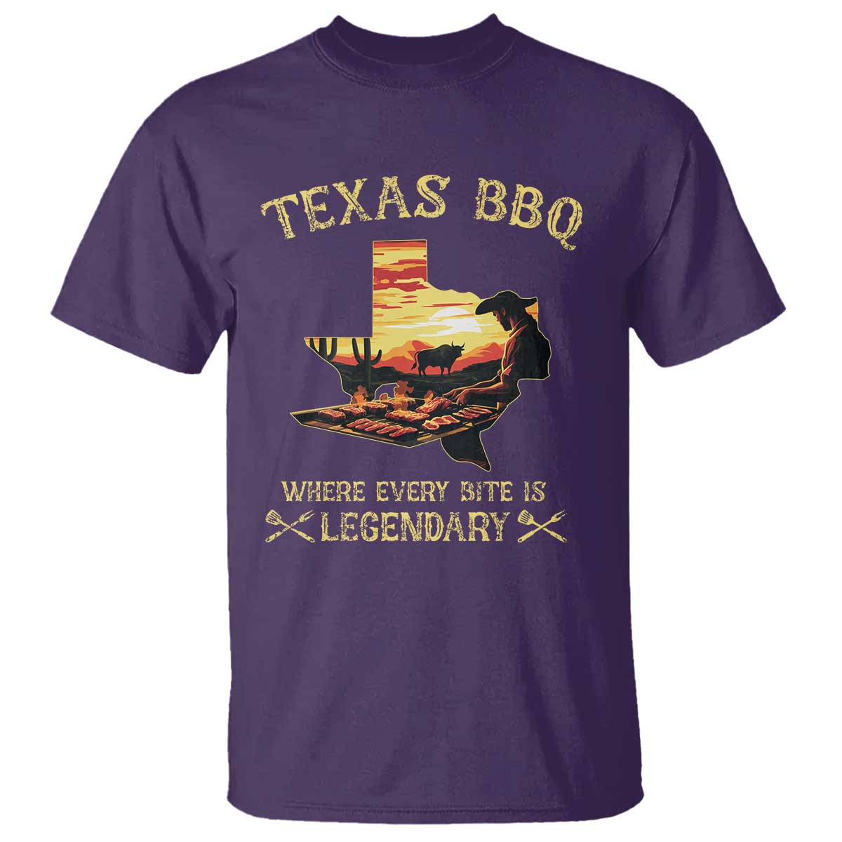 Texas BBQ Lover T Shirt Where Every Bite Is Legendary Cowboy Grilling Pitmaster TS09 Purple Print Your Wear