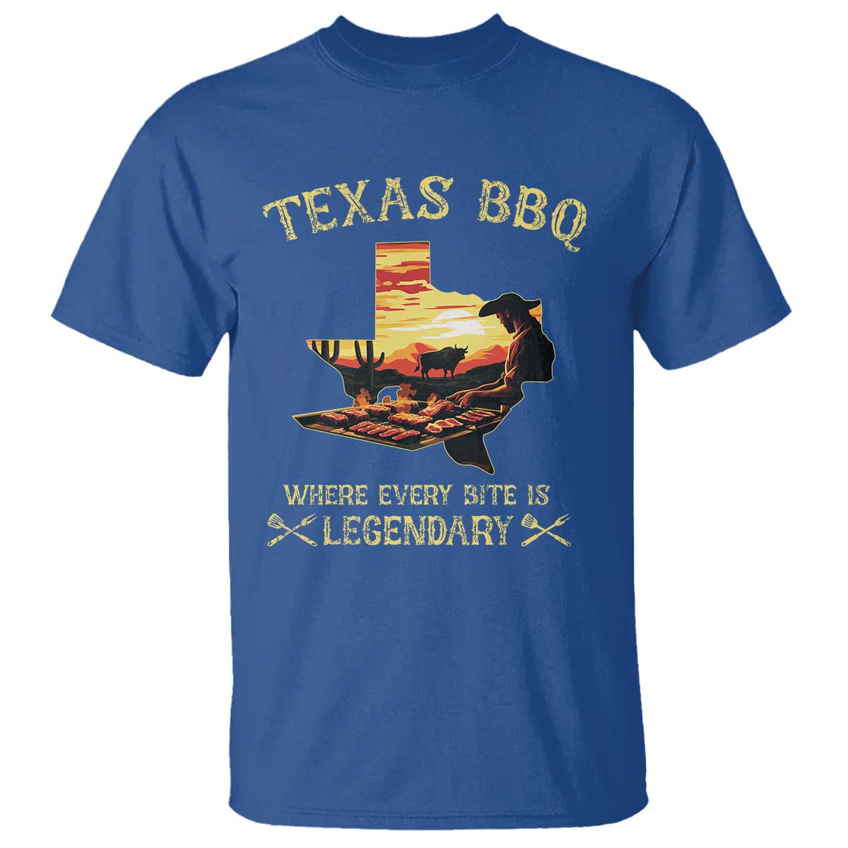 Texas BBQ Lover T Shirt Where Every Bite Is Legendary Cowboy Grilling Pitmaster TS09 Royal Blue Print Your Wear