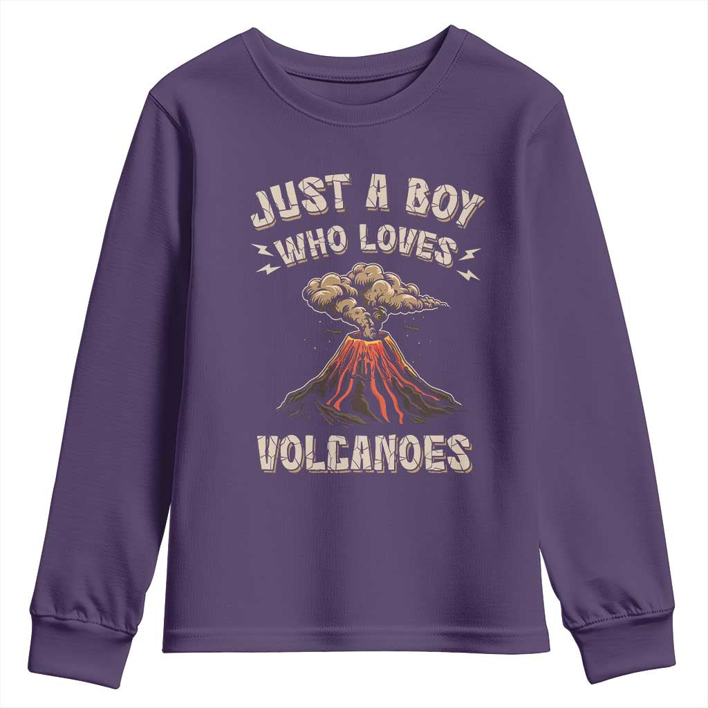 Funny Volcanologist Youth Sweatshirt Just A Boy Who Loves Volcanoes Lava TS09 Purple Print Your Wear