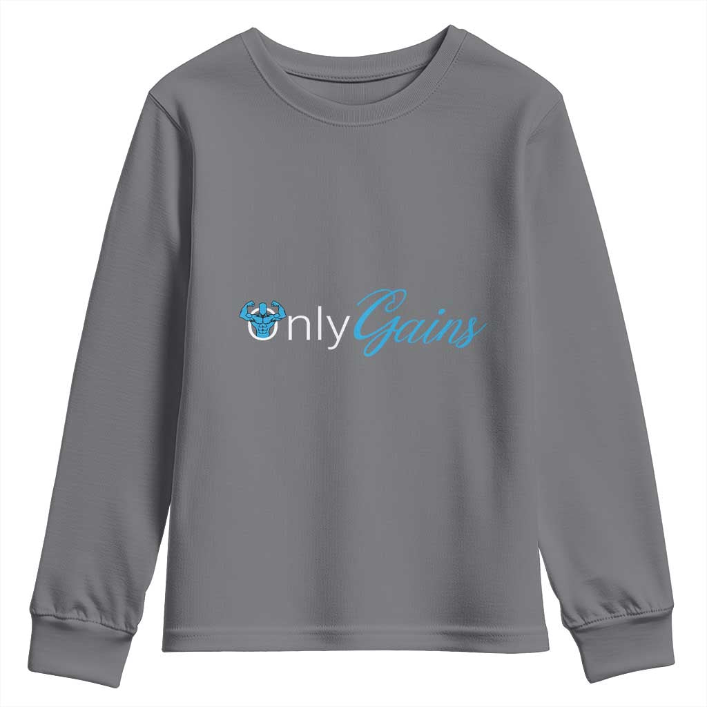 Funny Gymer Youth Sweatshirt Only Gains Fitness TS09 Charcoal Print Your Wear