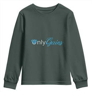 Funny Gymer Youth Sweatshirt Only Gains Fitness TS09 Dark Forest Green Print Your Wear